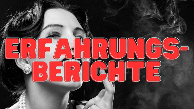 Schwarz-weiß-Bild von einer rauchenden Frau, mit der roten Bildaufschrift "Erfahrungsberichte".